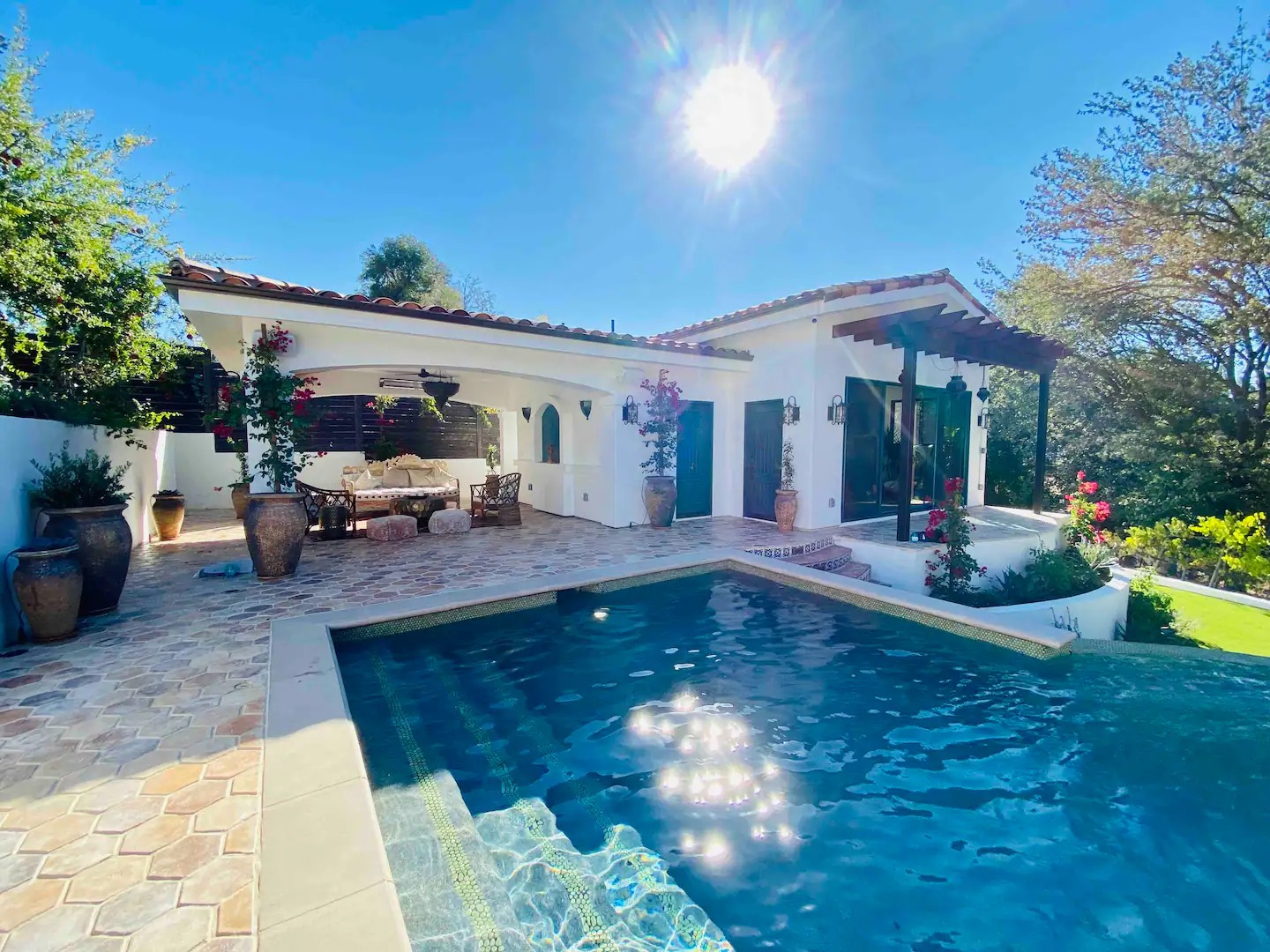 A private resort-style retreat — our newly completed luxury ADU in Agoura Hills with custom tilework, handcrafted pergolas, and a shimmering pool.