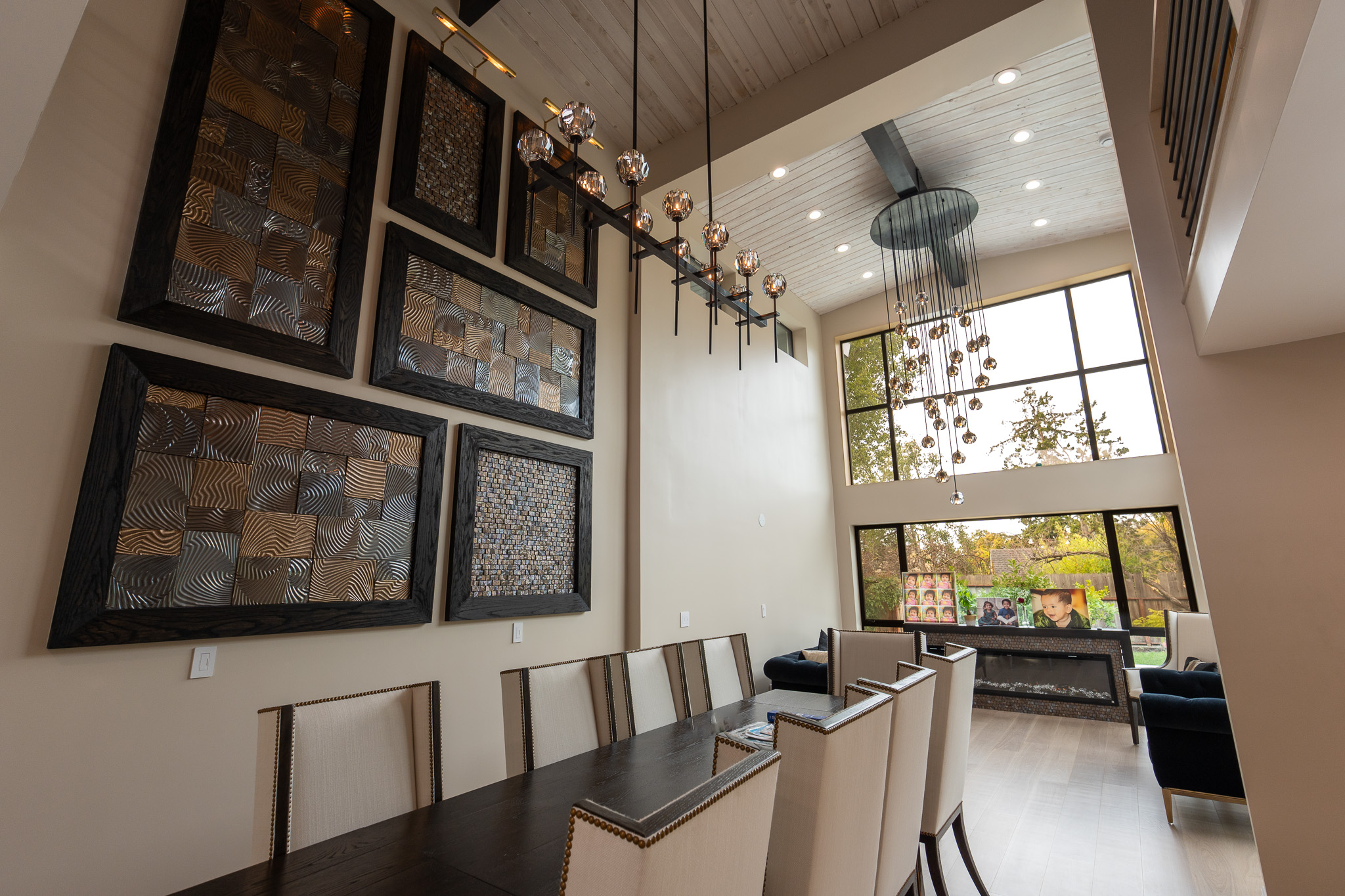 Dining room with high ceiling